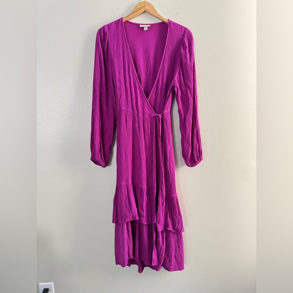 Knox Rose Magenta Fuchsia Wrap V-Neck Midi Ruffle Dress - Picture 2 of 9